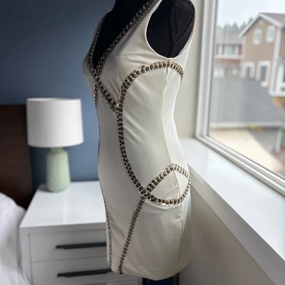 Bebe Cream Bodycon Sleeveless Mini Dress with Gold Studs & Sequins - Sexy Party - Picture 10 of 16